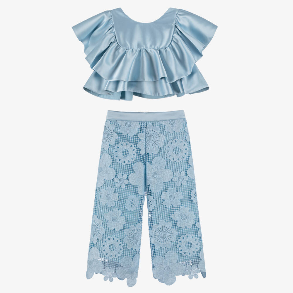 Abel & Lula-Girls Blue Satin & Lace Trouser Set | Childrensalon