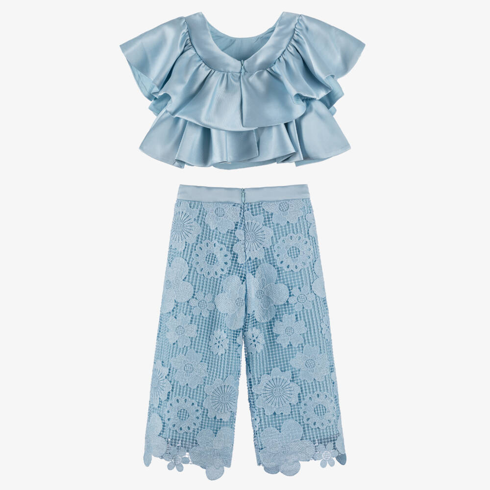 Abel & Lula-Girls Blue Satin & Lace Trouser Set | Childrensalon