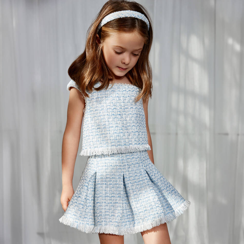 Abel & Lula-Girls Blue & Silver Pleated Tweed Skirt Set | Childrensalon