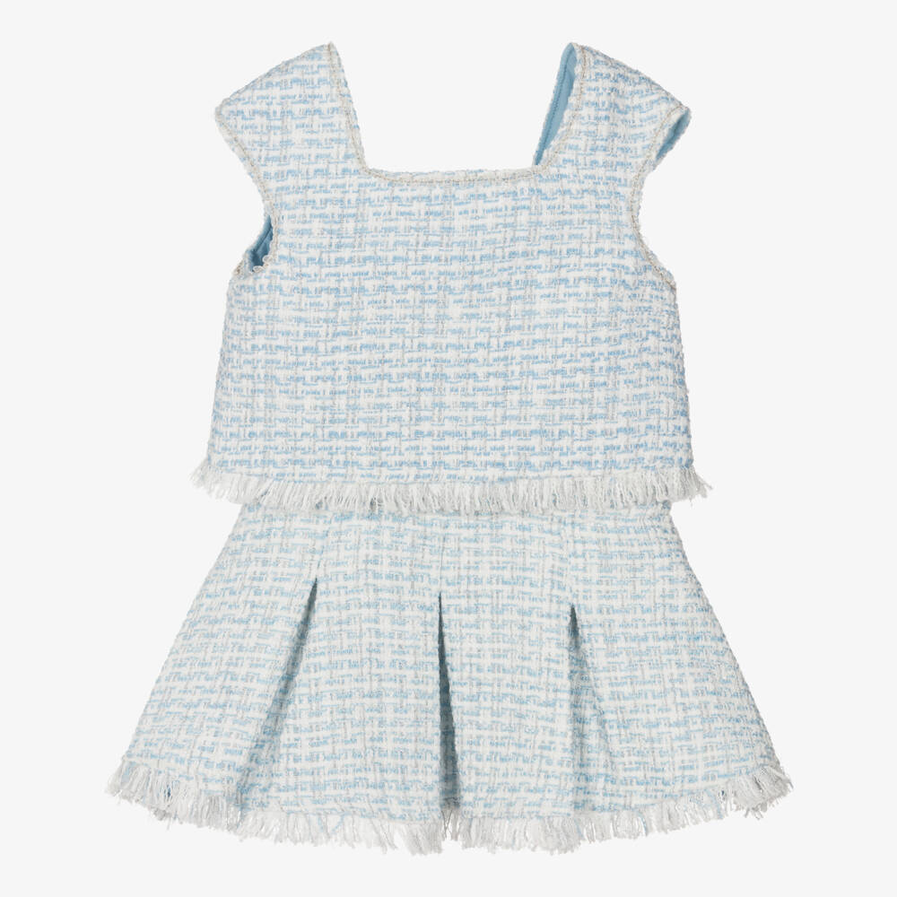 Abel & Lula-Girls Blue & Silver Pleated Tweed Skirt Set | Childrensalon