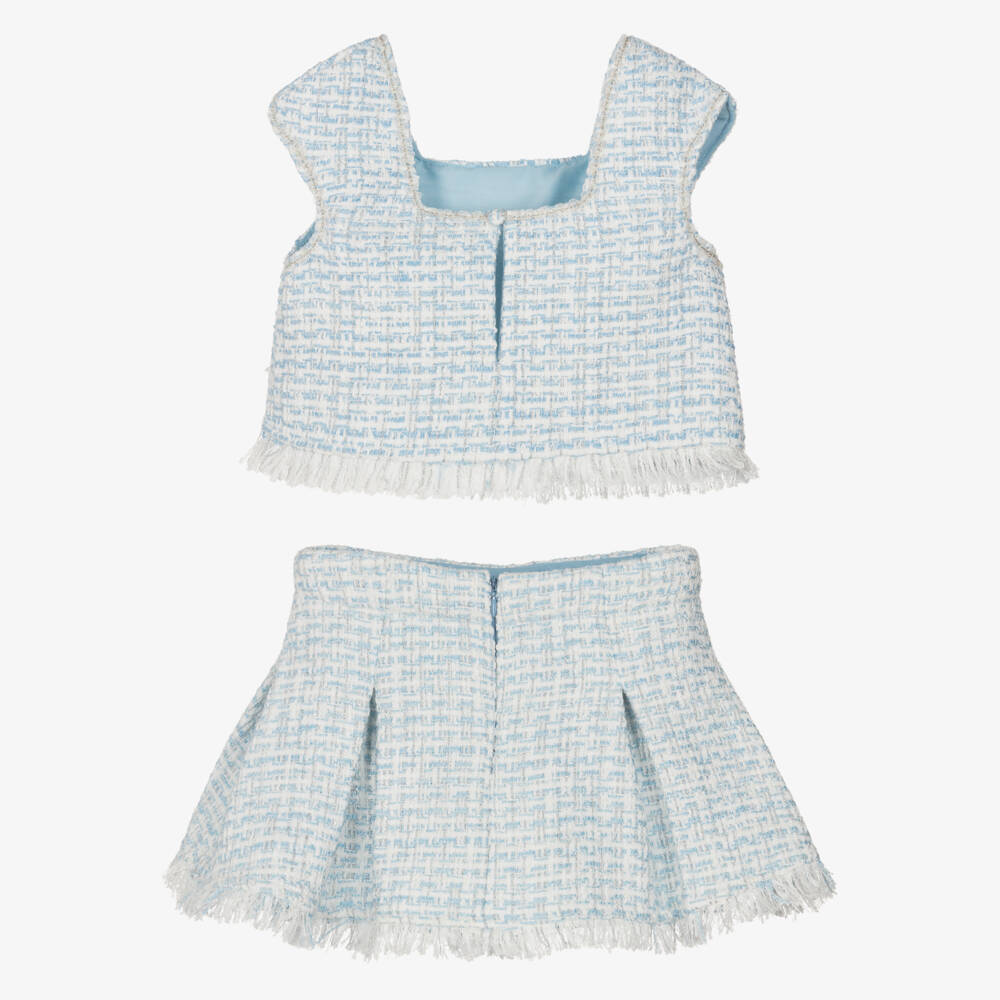 Abel & Lula-Girls Blue & Silver Pleated Tweed Skirt Set | Childrensalon