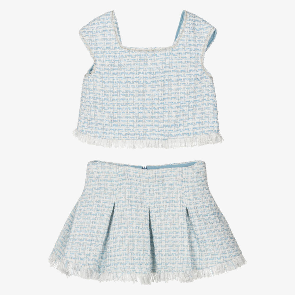 Abel & Lula-Girls Blue & Silver Pleated Tweed Skirt Set | Childrensalon