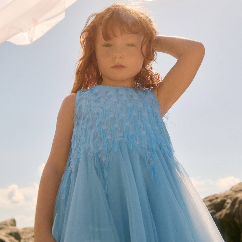 Abel & Lula-Платье голубое из тюля с бахромой для девочек | Childrensalon