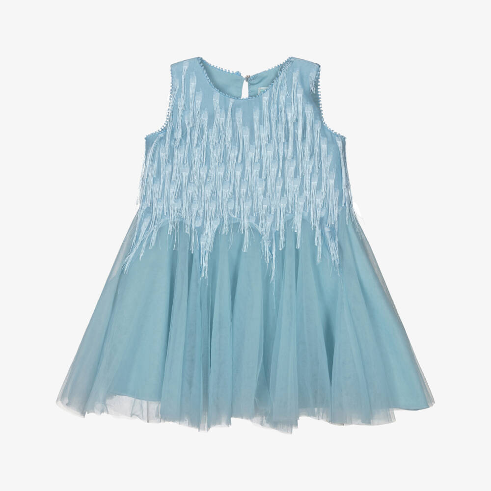 Abel & Lula-Girls Blue Tulle Dress with Fringing | Childrensalon