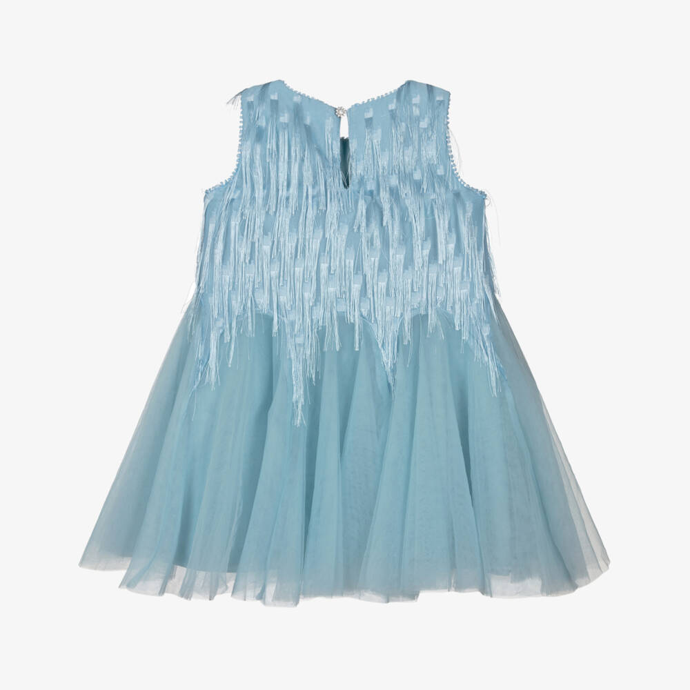 Abel & Lula-Girls Blue Tulle Dress with Fringing | Childrensalon