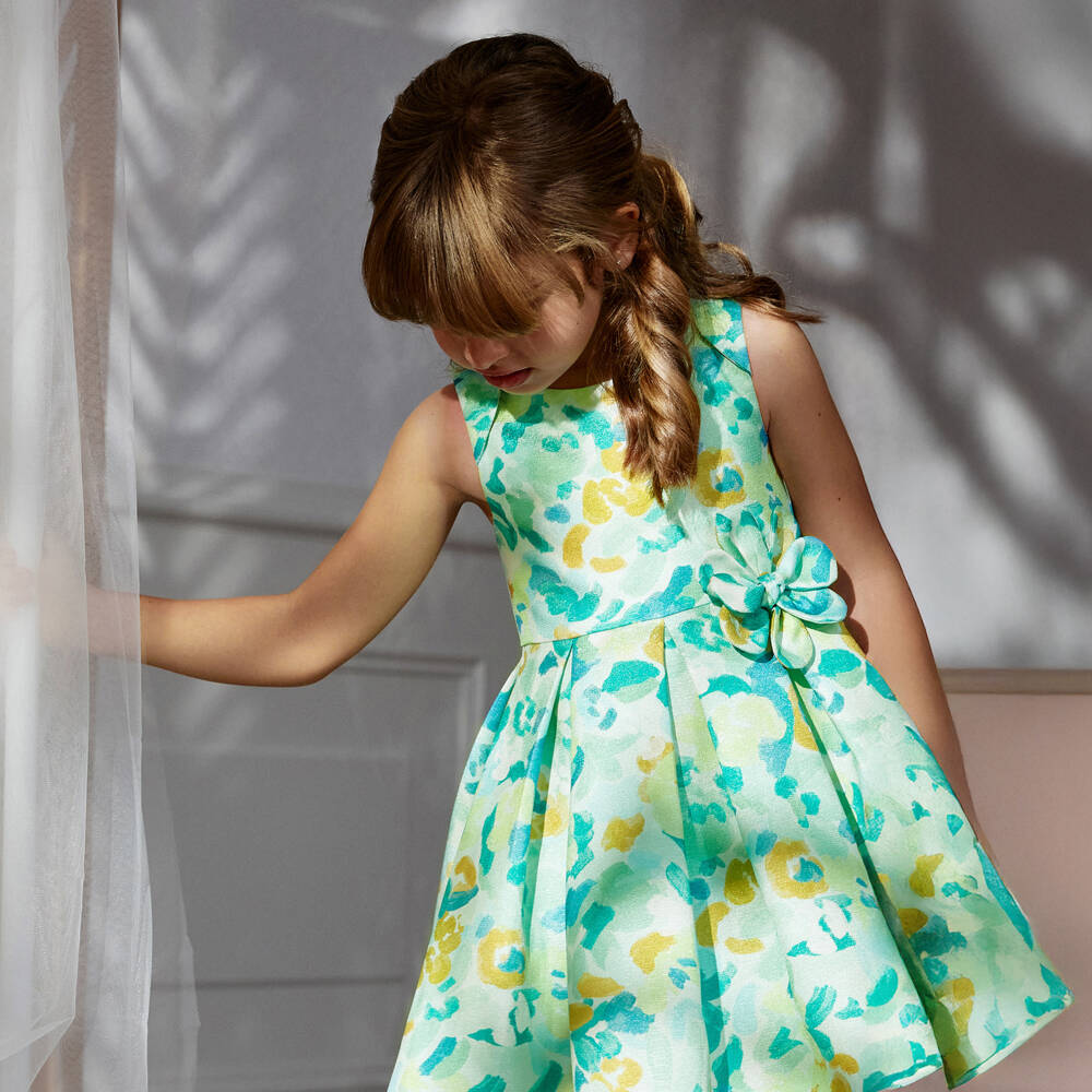 Abel & Lula-Girls Bright Green Abstract Floral Print Lurex Dress | Childrensalon