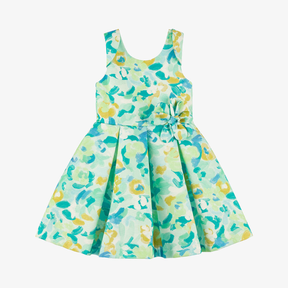 Abel & Lula-Girls Bright Green Abstract Floral Print Lurex Dress | Childrensalon
