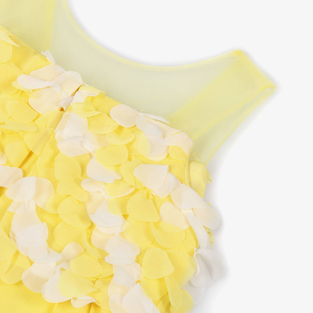 Abel & Lula-Girls Bright Yellow Crêpe Jumpsuit with Petal Appliqués | Childrensalon