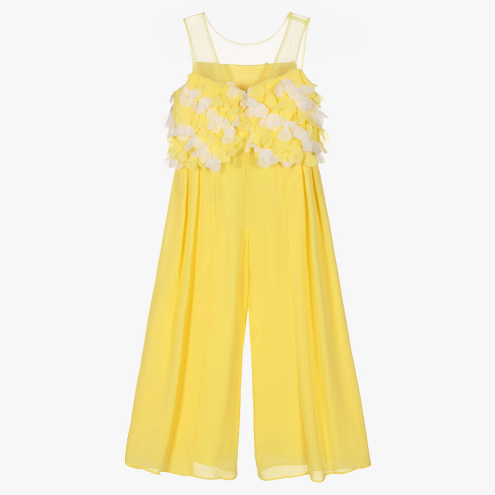 Abel & Lula-Girls Bright Yellow Crêpe Jumpsuit with Petal Appliqués | Childrensalon