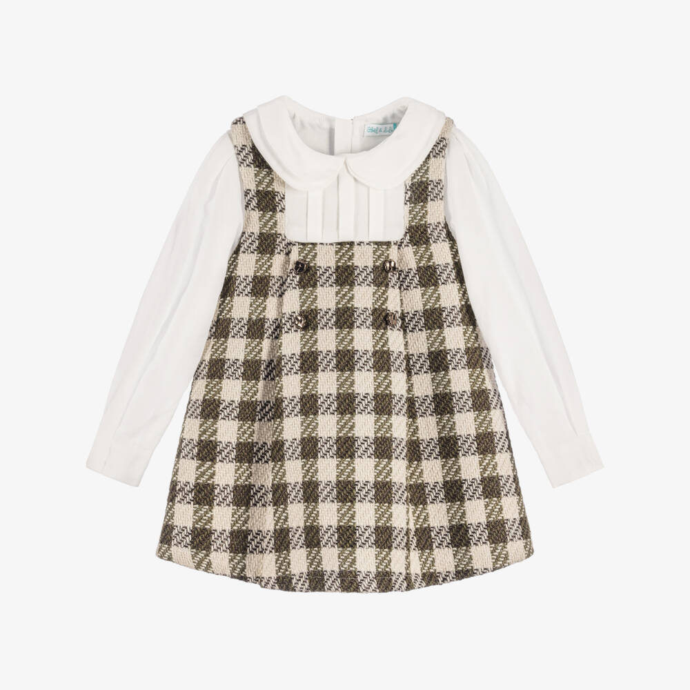 Abel & Lula-Girls Brown & Green Tweed Dress | Childrensalon