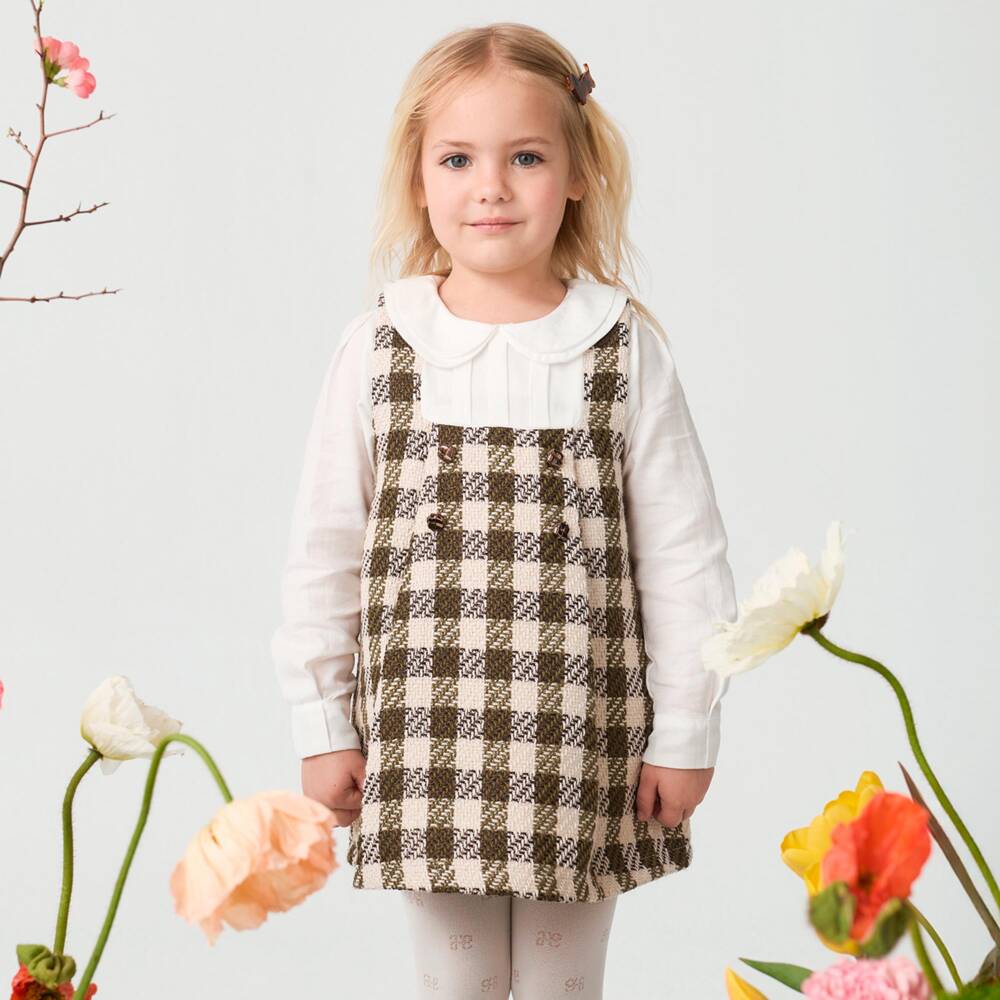 Abel & Lula-Girls Brown & Green Tweed Dress | Childrensalon