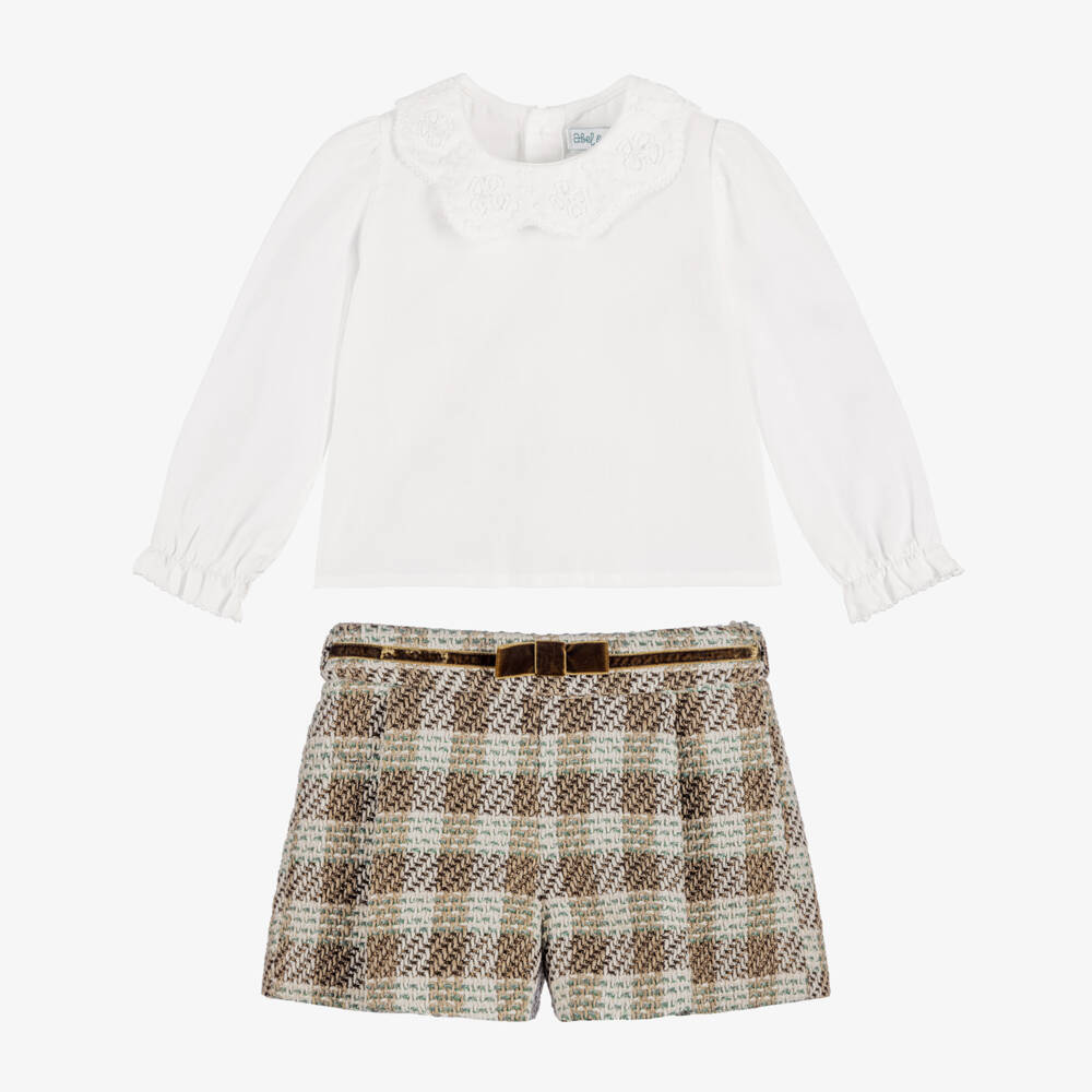 Abel & Lula-Girls Brown & Green Tweed Shorts Set | Childrensalon