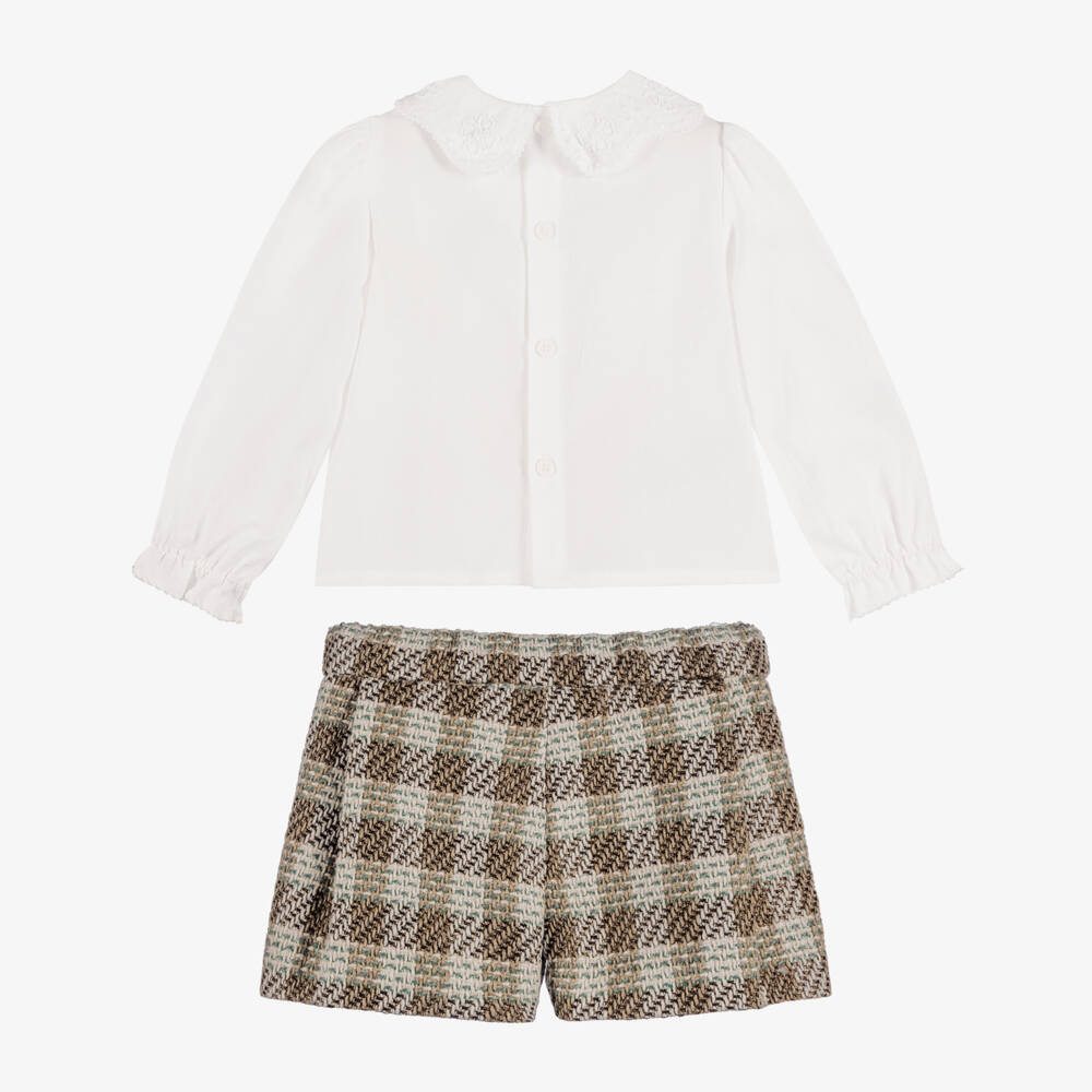 Abel & Lula-Girls Brown & Green Tweed Shorts Set | Childrensalon