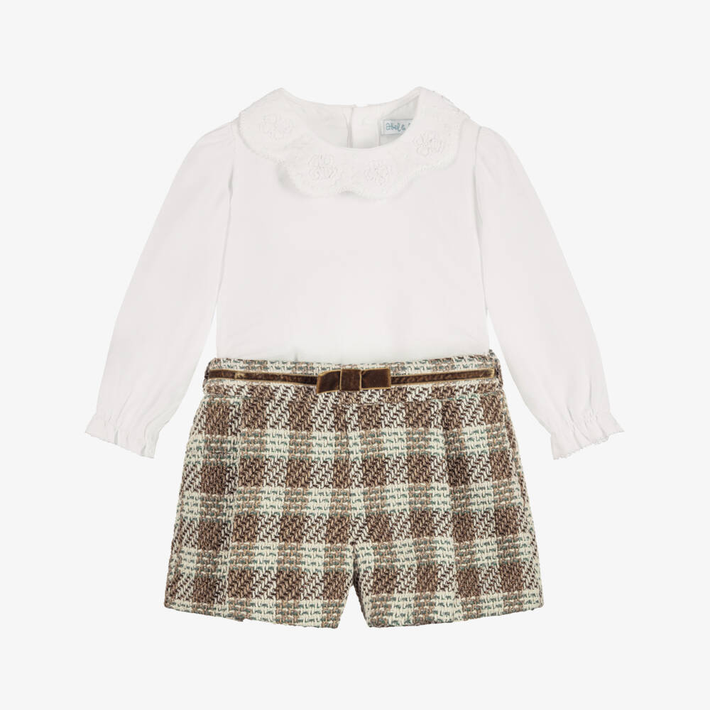 Abel & Lula-Girls Brown & Green Tweed Shorts Set | Childrensalon