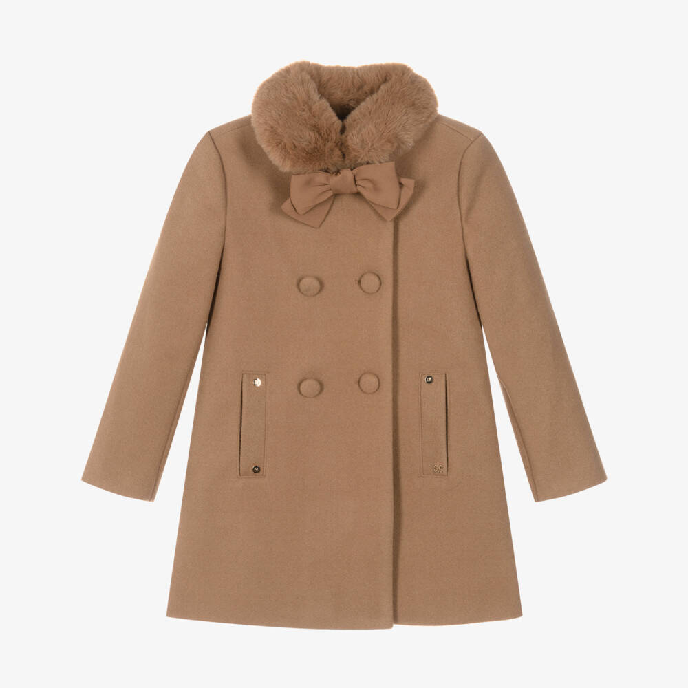 Abel & Lula-Girls Camel Brown Felted Coat with Faux Fur Collar | Childrensalon