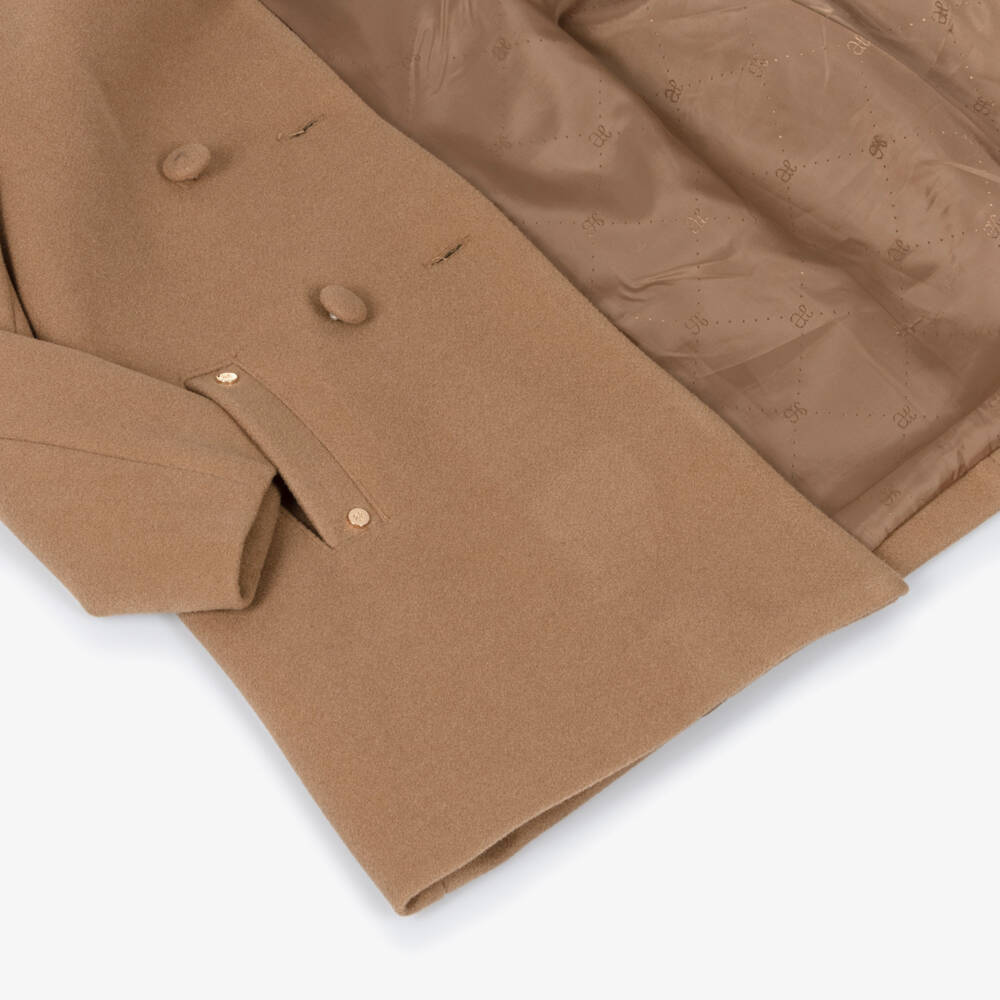 Abel & Lula-Girls Camel Brown Felted Coat with Faux Fur Collar | Childrensalon