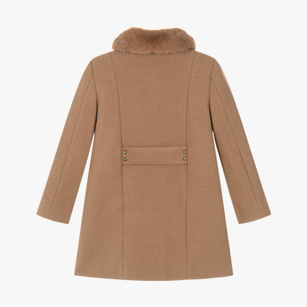 Abel & Lula-Girls Camel Brown Felted Coat with Faux Fur Collar | Childrensalon