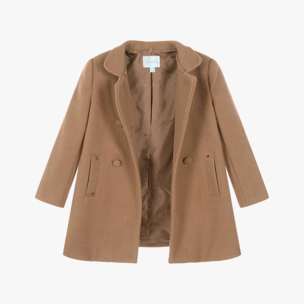 Abel & Lula-Girls Camel Brown Felted Coat with Faux Fur Collar | Childrensalon