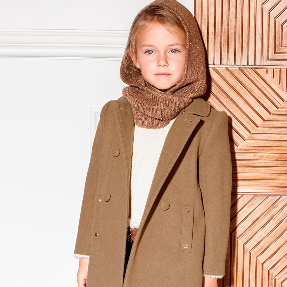Abel & Lula-Girls Camel Brown Felted Coat with Faux Fur Collar | Childrensalon