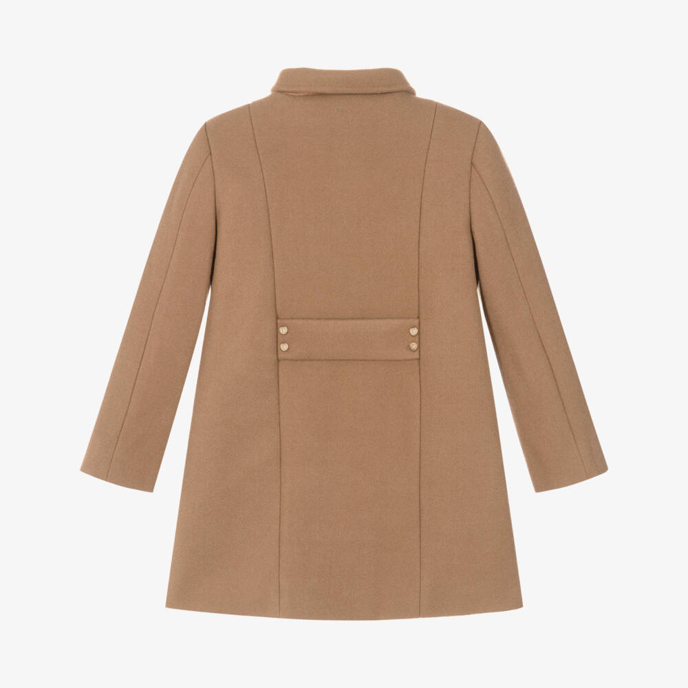 Abel & Lula-Girls Camel Brown Felted Coat with Faux Fur Collar | Childrensalon