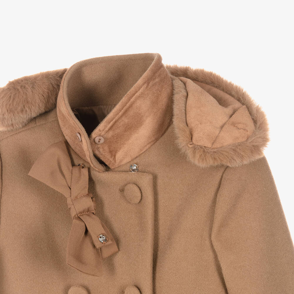Abel & Lula-Girls Camel Brown Felted Coat with Faux Fur Collar | Childrensalon