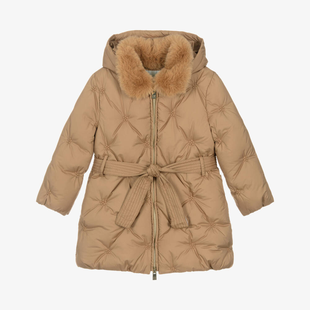Abel & Lula-Girls Camel Brown Padded Coat with Faux Fur Collar | Childrensalon