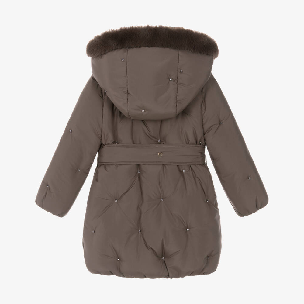Abel & Lula-Girls Cocoa Brown Padded Coat with Rhinestones | Childrensalon