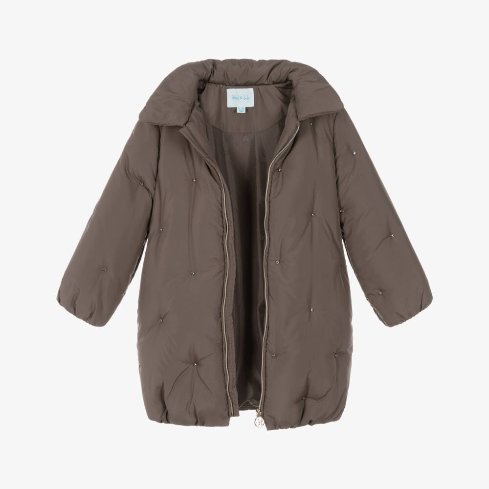 Abel & Lula-Girls Cocoa Brown Padded Coat with Rhinestones | Childrensalon