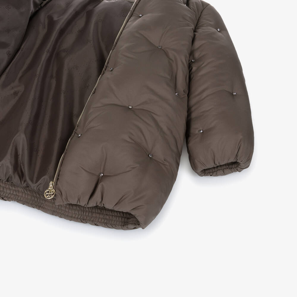 Abel & Lula-Girls Cocoa Brown Padded Coat with Rhinestones | Childrensalon