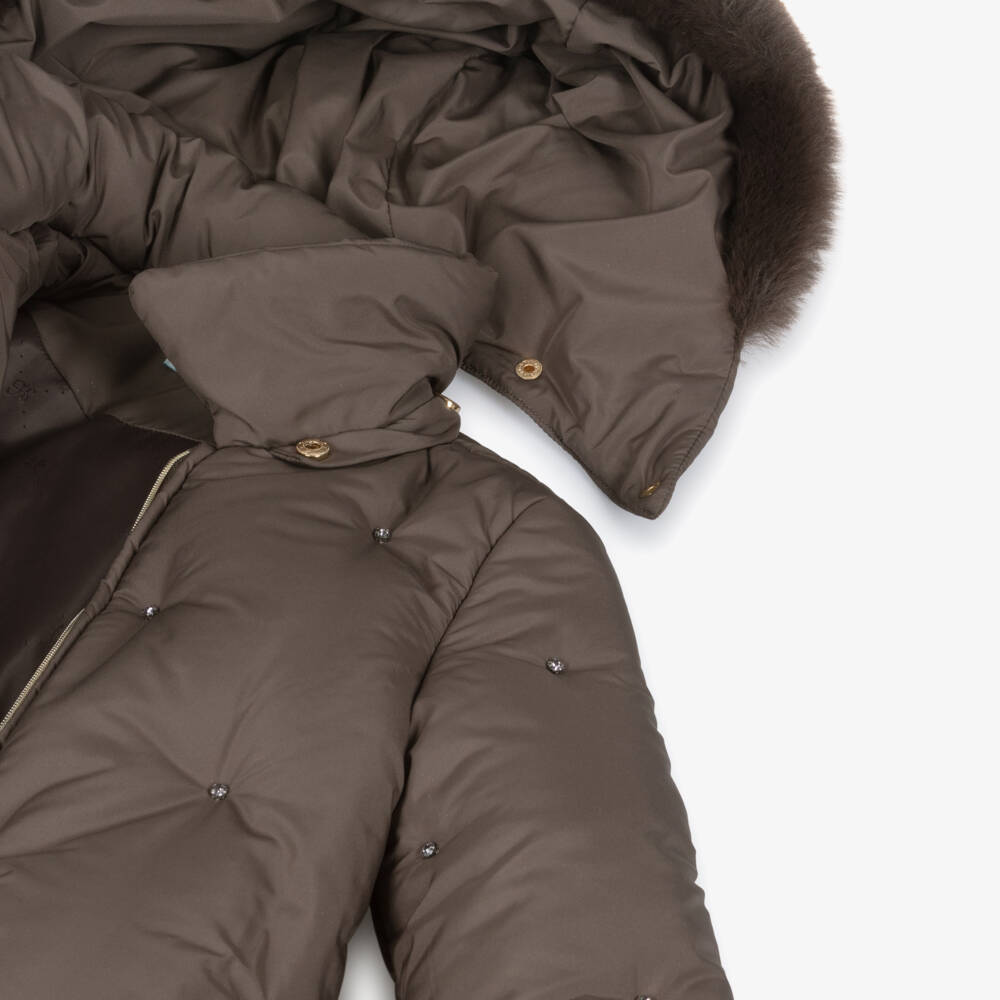 Abel & Lula-Girls Cocoa Brown Padded Coat with Rhinestones | Childrensalon
