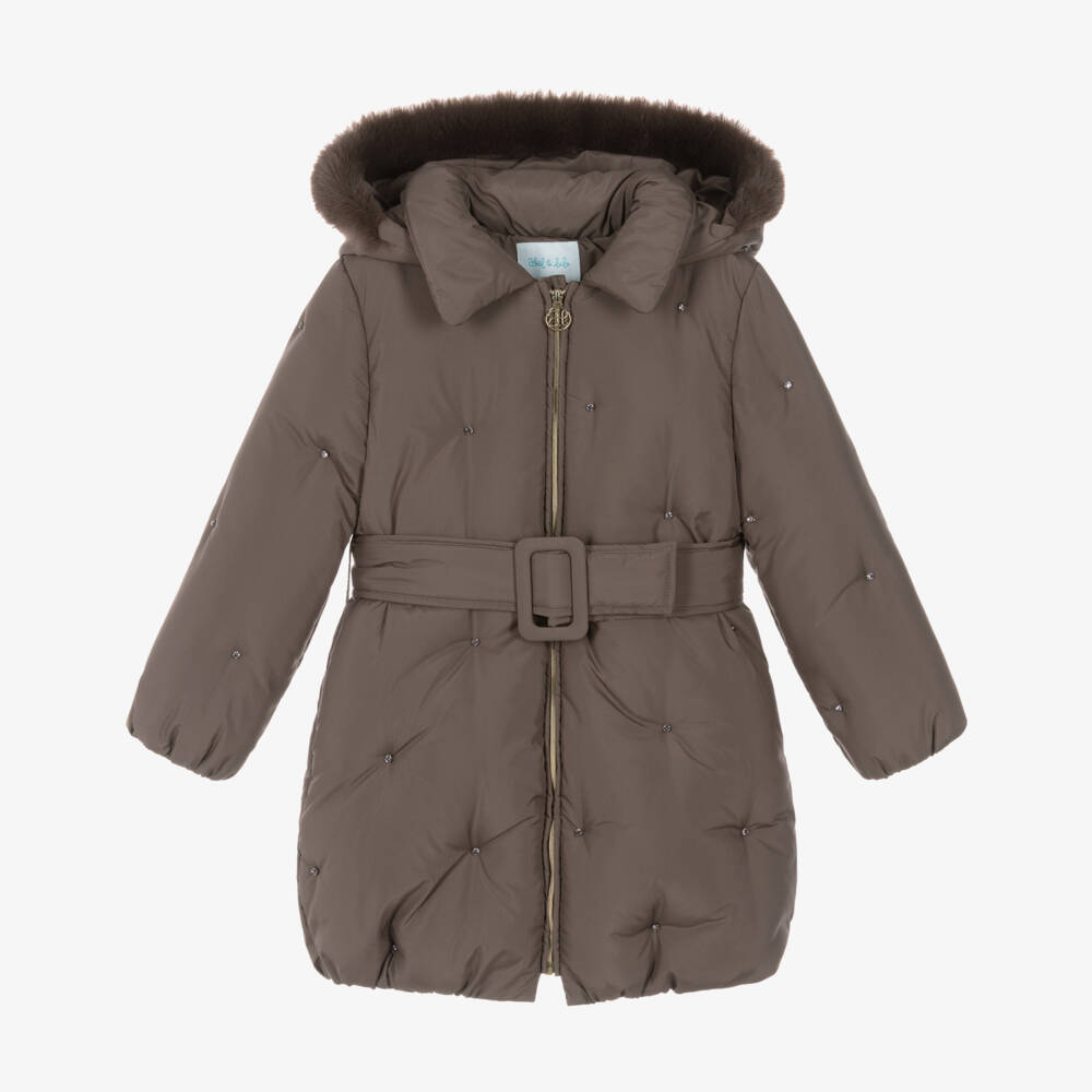 Abel & Lula-Girls Cocoa Brown Padded Coat with Rhinestones | Childrensalon