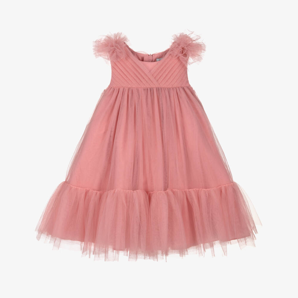 Abel & Lula-Girls Dusky Pink Tulle Dress with Pleated Bodice | Childrensalon