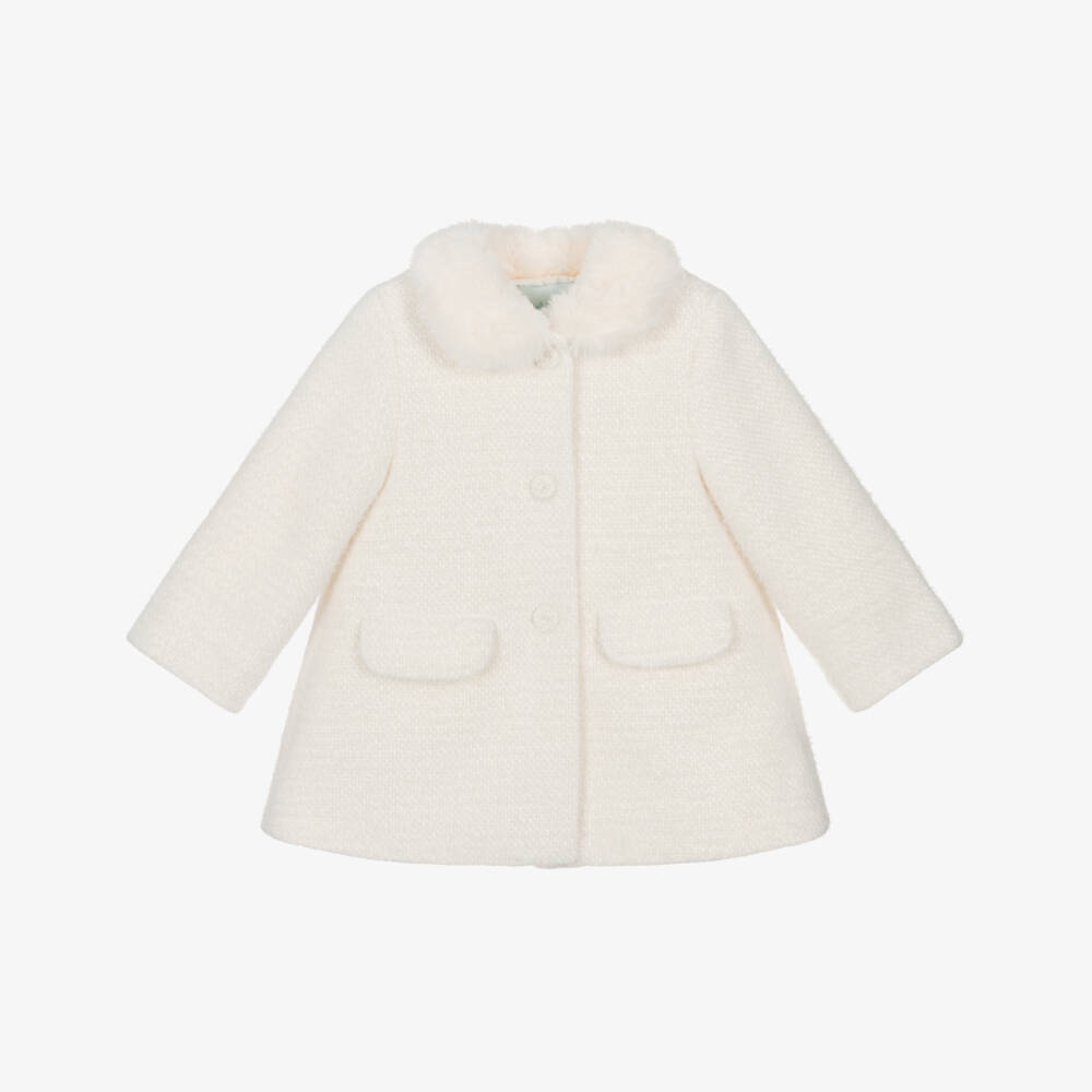 Abel & Lula-Girls Fluffy Ivory Tweed Coat | Childrensalon