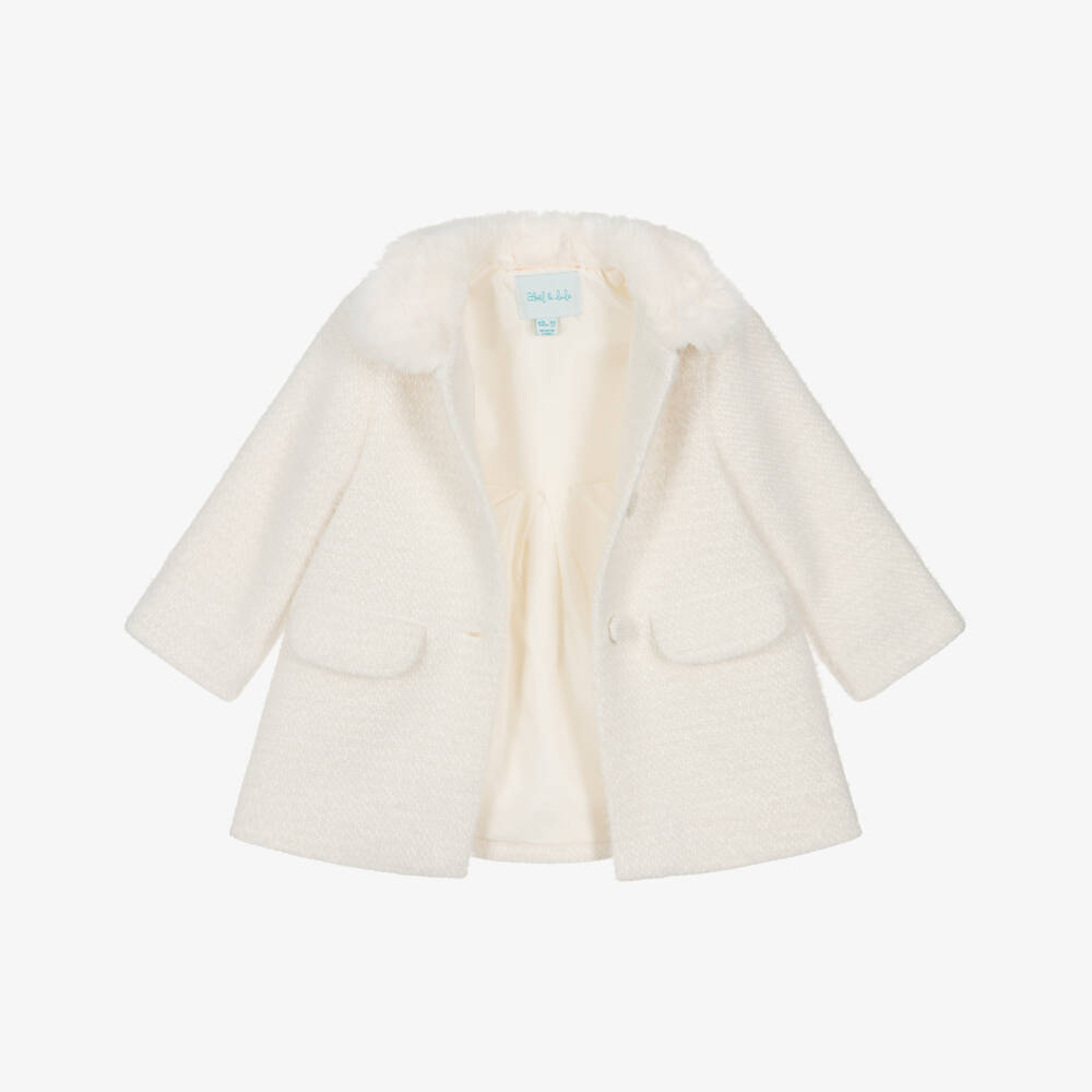 Abel & Lula-Girls Fluffy Ivory Tweed Coat | Childrensalon