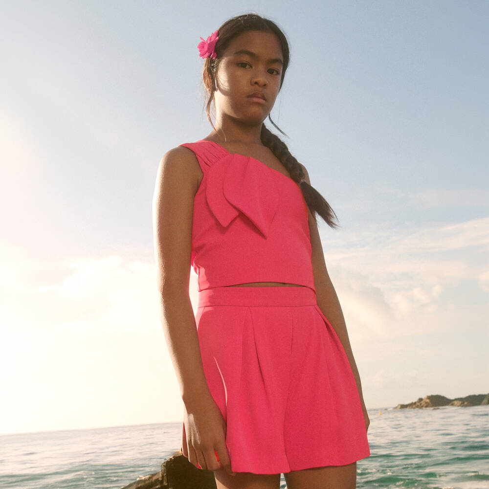 Abel & Lula-Girls Fuchsia Pink Crêpe Twill Shorts Set | Childrensalon