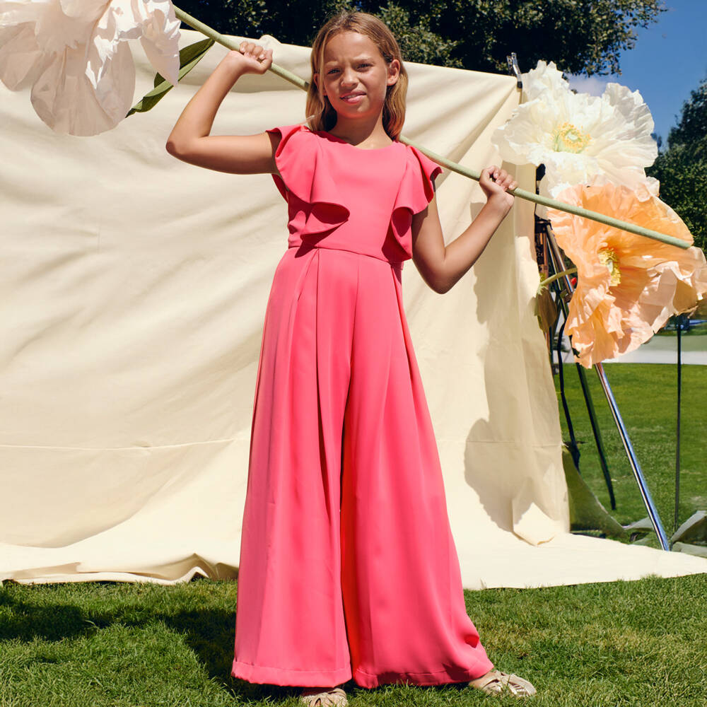 Abel & Lula-Girls Fuchsia Pink Ruffle Jumpsuit | Childrensalon