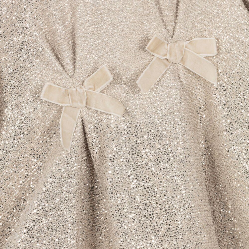 Abel & Lula-Girls Glittery Gold Pleated Dress with Bows | Childrensalon