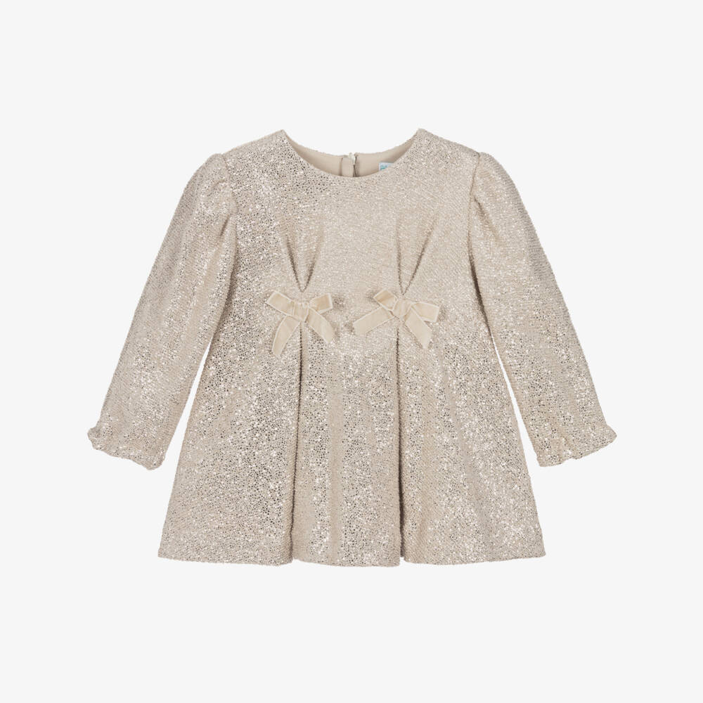 Abel & Lula-Girls Glittery Gold Pleated Dress with Bows | Childrensalon