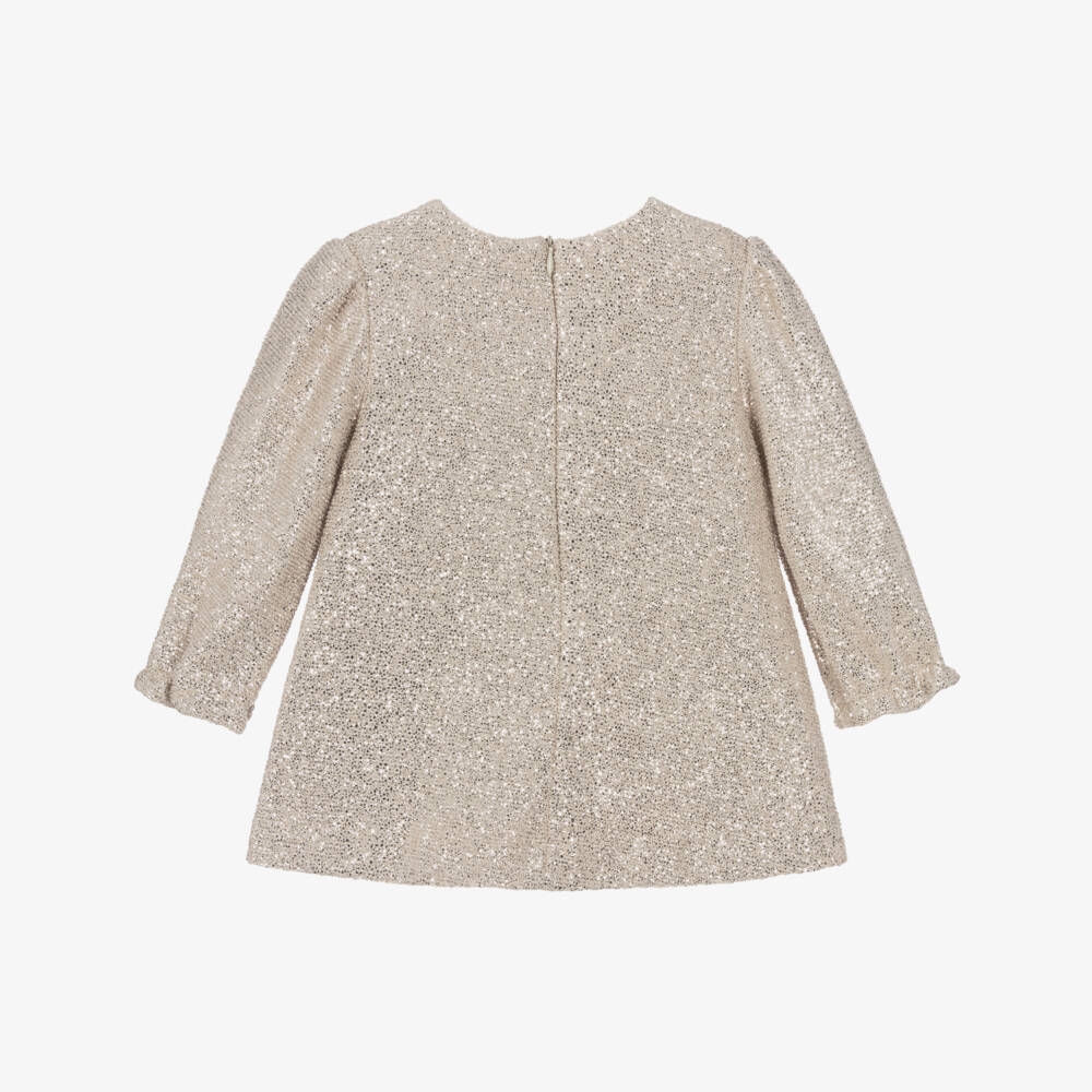 Abel & Lula-Girls Glittery Gold Pleated Dress with Bows | Childrensalon