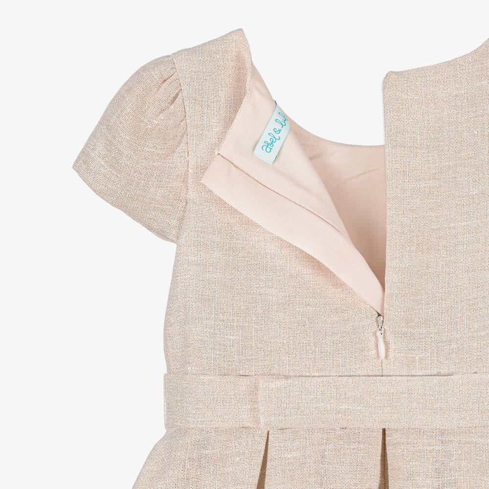 Abel & Lula-فستان كتان مزين بدانتيل لون بيج وذهبي للبنات | Childrensalon