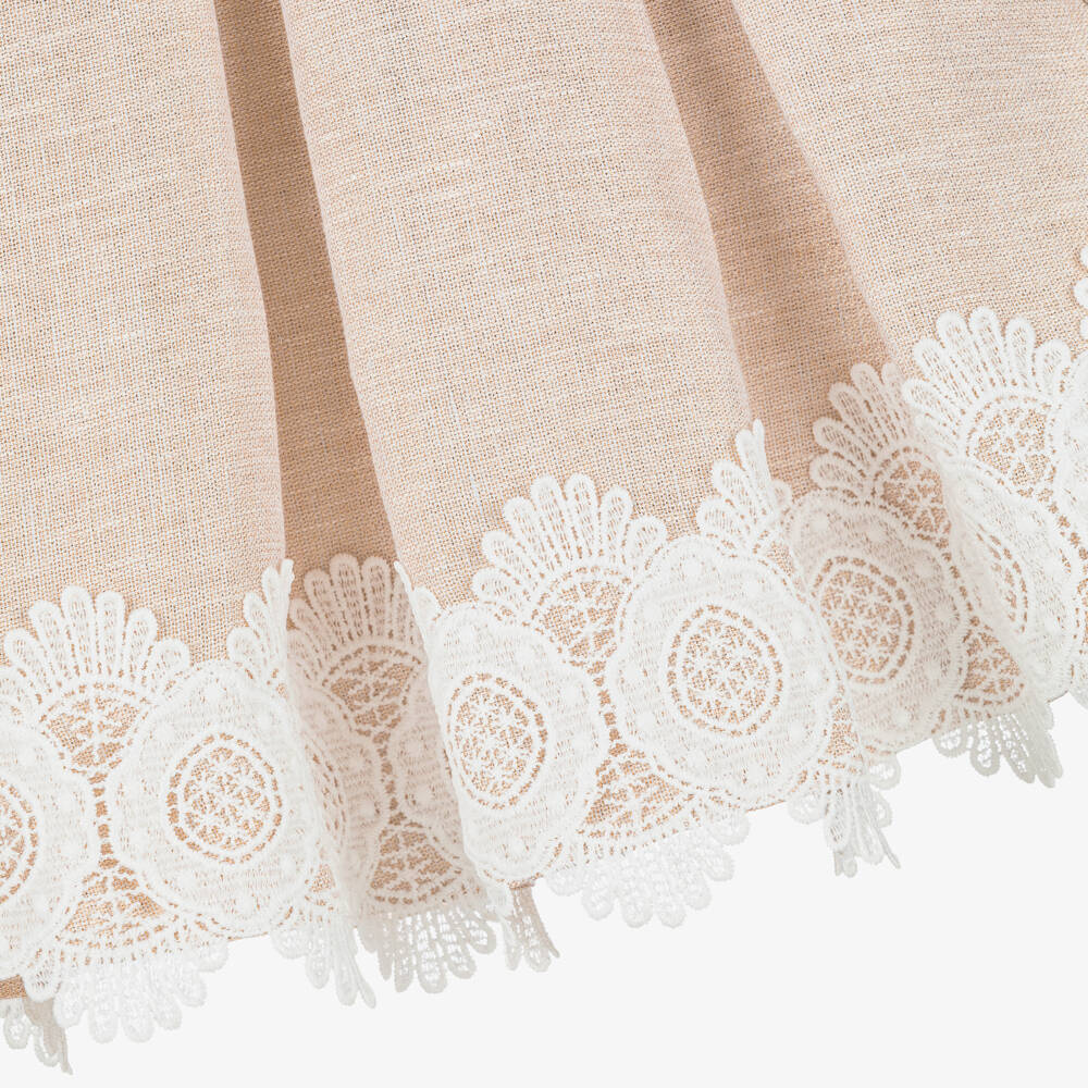 Abel & Lula-فستان كتان مزين بدانتيل لون بيج وذهبي للبنات | Childrensalon