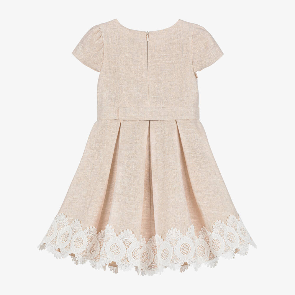 Abel & Lula-فستان كتان مزين بدانتيل لون بيج وذهبي للبنات | Childrensalon