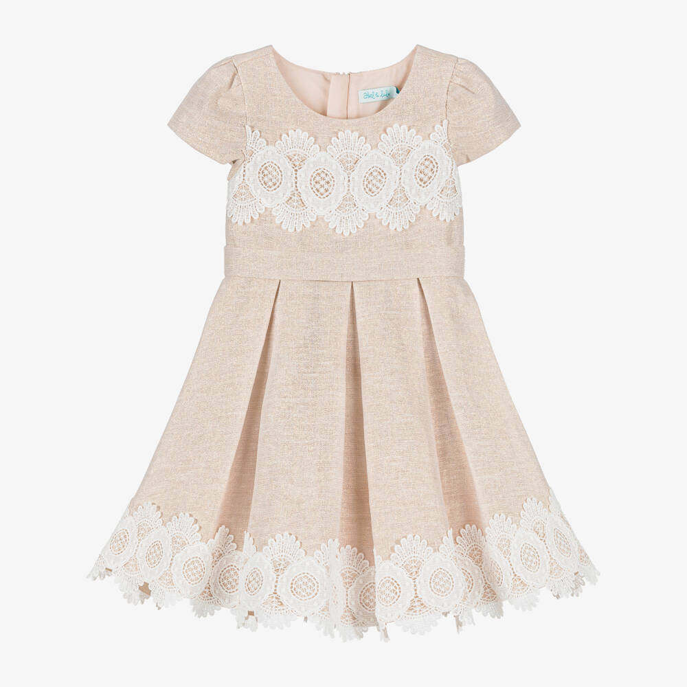 Abel & Lula-فستان كتان مزين بدانتيل لون بيج وذهبي للبنات | Childrensalon