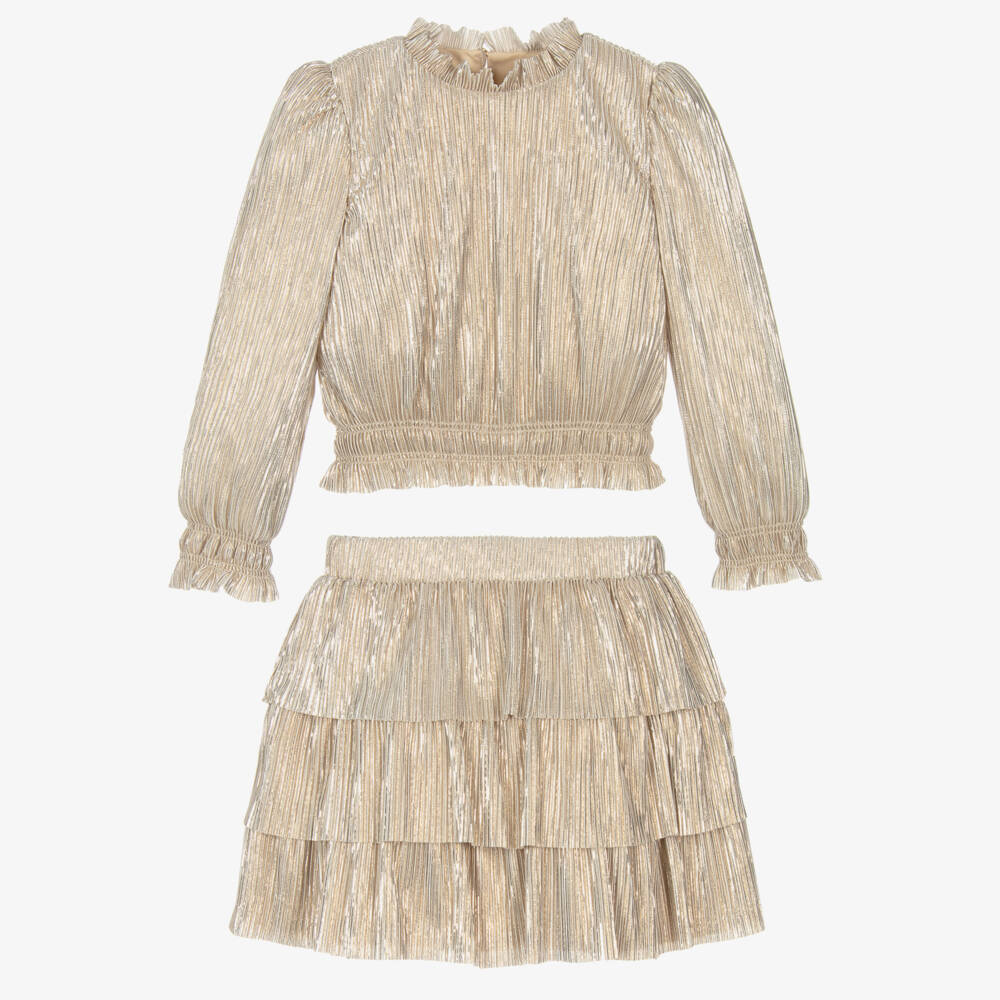 Abel & Lula-Girls Gold Plissé Skirt Set | Childrensalon