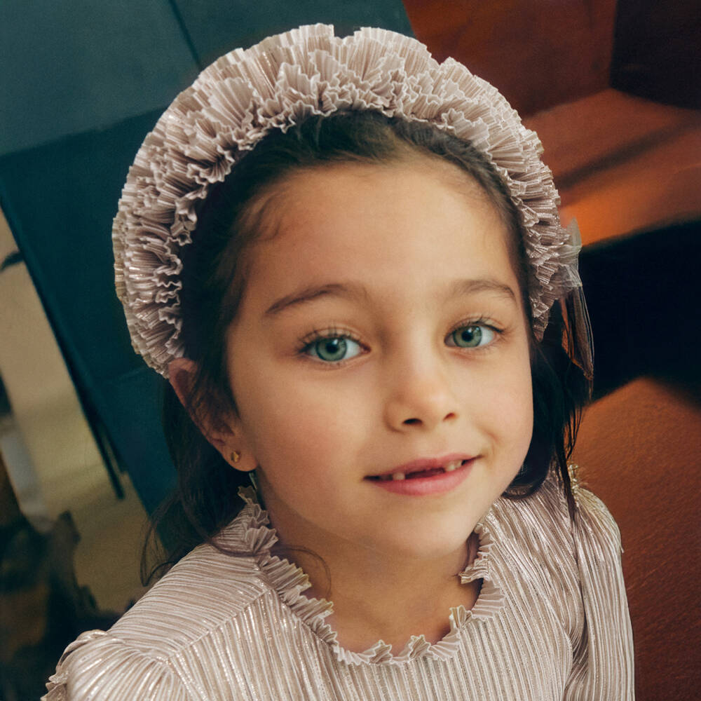 Abel & Lula-Girls Gold Satin Hairband with Pleated Ruffles | Childrensalon