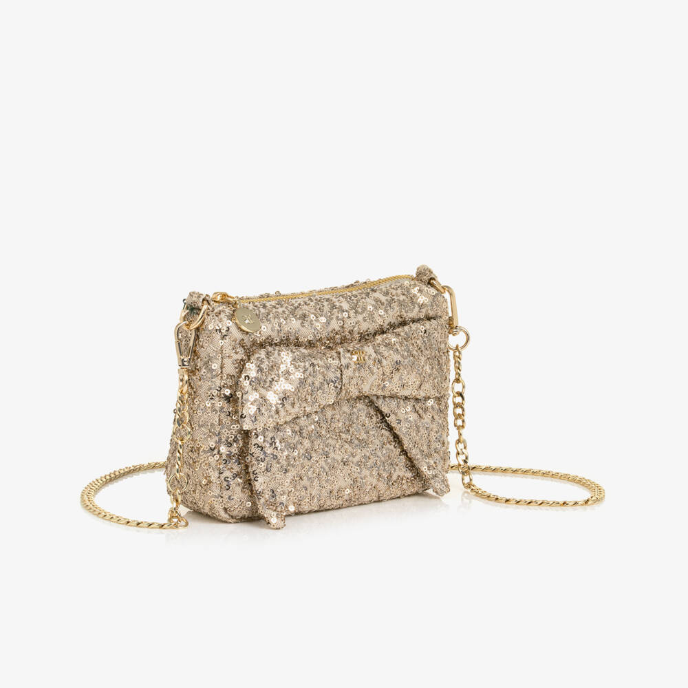 Abel & Lula-Girls Gold Sequin Bow Handbag (18cm) | Childrensalon