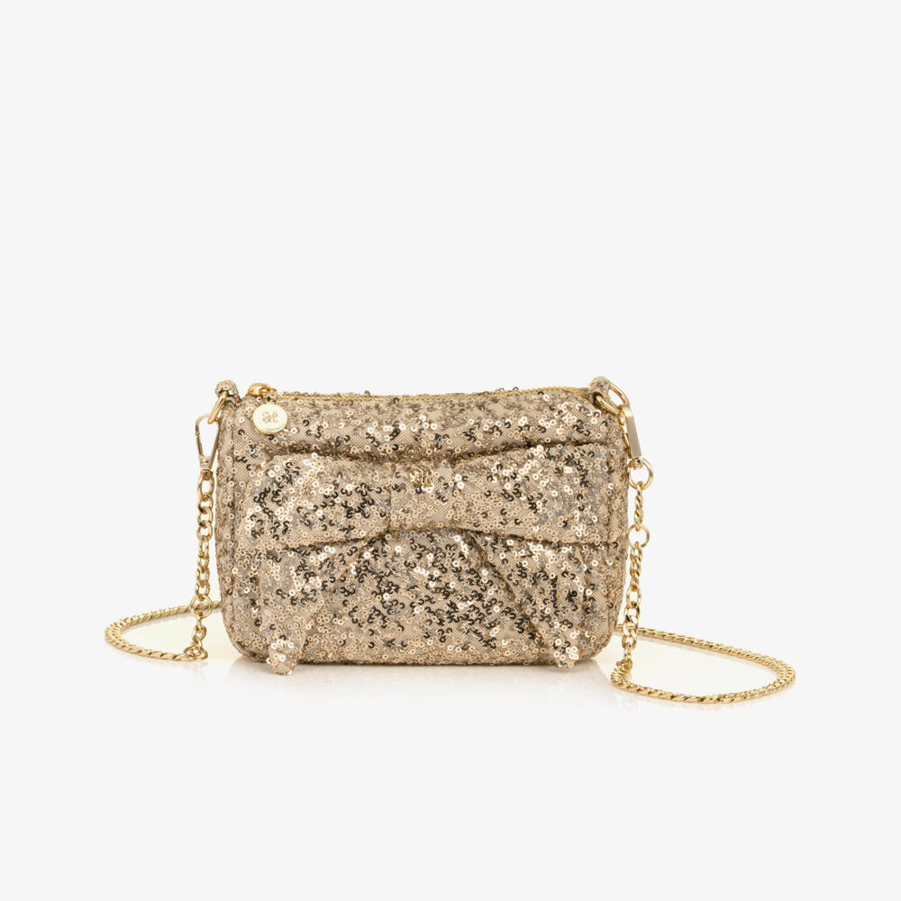 Abel & Lula-Girls Gold Sequin Bow Handbag (18cm) | Childrensalon