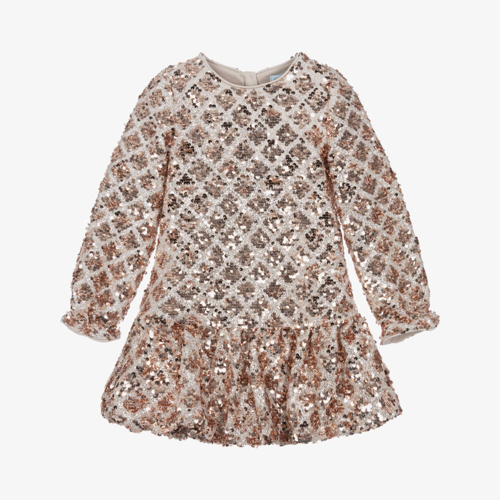 Abel & Lula-Girls Gold Sequin Dress with Bubble Hem | Childrensalon
