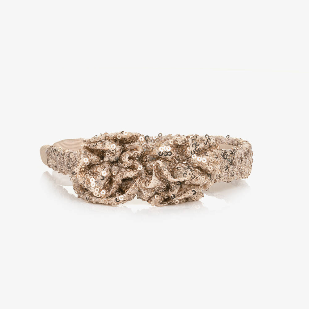 Abel & Lula-Girls Gold Sequin Hairband with Roses | Childrensalon