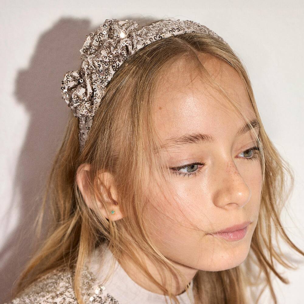Abel & Lula-Girls Gold Sequin Hairband with Roses | Childrensalon